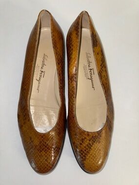 Salvatore Ferragamo Tan Snakeskin Leather Ballet Flats